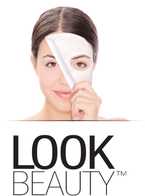 A commercial graphic featuring a woman with dark hair pulled back, peeling a white sheet mask off the left side of her face to reveal clear skin underneath. Below her image, the words LOOK BEAUTY™ are printed in large, black, sans-serif capital letters, with LOOK stacked on top of a thinner-font BEAUTY.