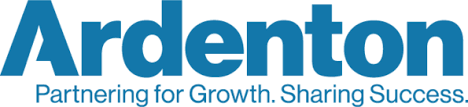 A corporate logo with the name Ardenton in large, bold blue sans-serif letters, accompanied by the tagline Partnering for Growth. Sharing Success. in a smaller blue font below it.