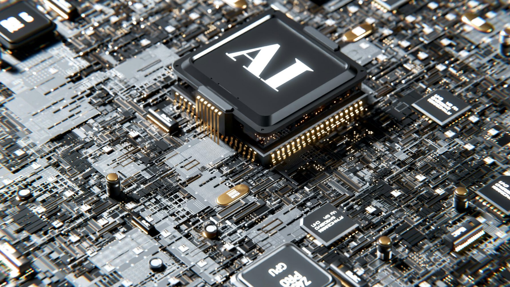 A high-tech close-up of a complex black and gold circuit board featuring a central microchip prominently labeled with the letters AI in white. Surrounding the main processor are various smaller electronic components, transistors, and another chip labeled GPU, all arranged in a dense, intricate pattern.