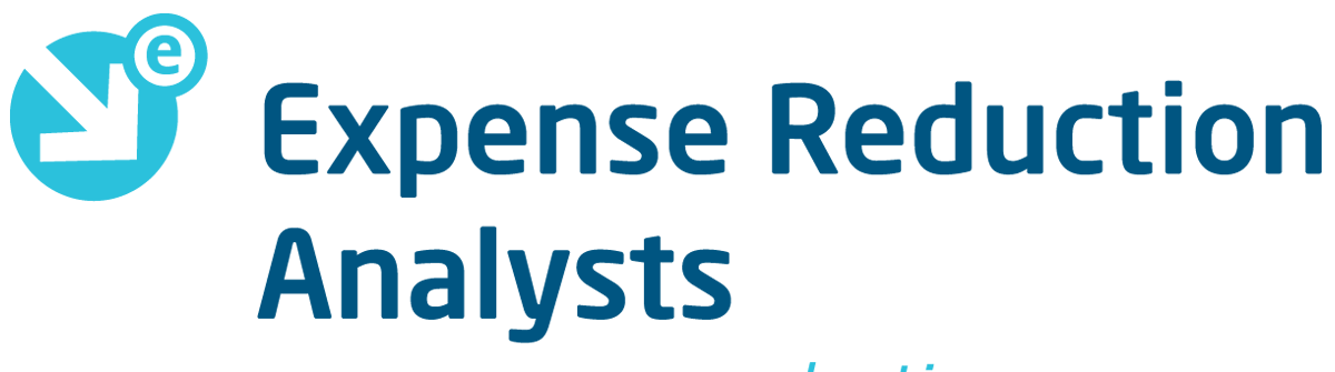 Logo for Expense Reduction Analysts showing a light blue circular icon with a white downward-pointing arrow and a small e in a circle, followed by the company name in bold dark blue sans-serif text.