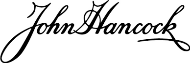 A black ink reproduction of John Hancock's famous cursive signature, featuring elegant flourishes and a prominent underline beneath the last name.