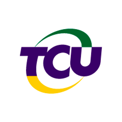 The letters TCU in a bold purple font, encircled by a dynamic swoosh that is green on the top half and yellow on the bottom half.