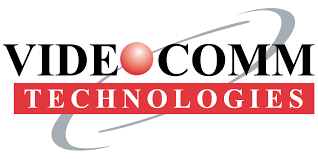 VideoComm Technologies logo with the word VIDEO COMM in black serif font above a red horizontal bar containing the word TECHNOLOGIES in white. A grey orbital ring and a red sphere are integrated into the design.